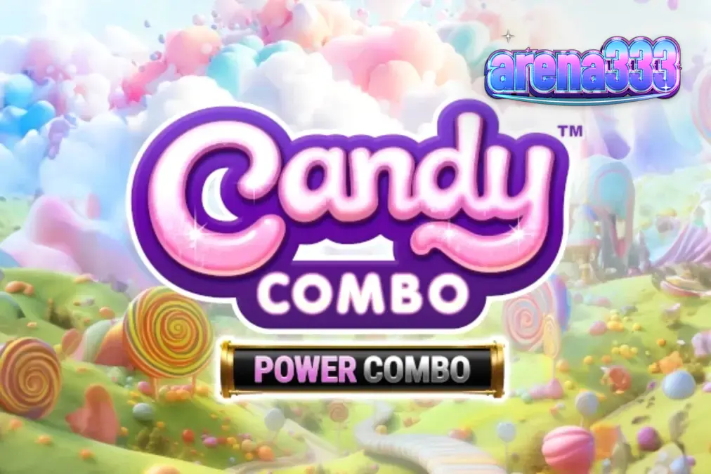 Tampilan layar utama slot Candy Combo Power Combo King Millions dengan kastil permen dan gulungan yang dihiasi toples bercahaya.